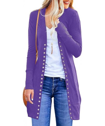 Women's 2024 Fall Long Sleeve Snap Button Down Solid Color Knit Ribbed Neckline Cardigans Dark Purple $15.96 Sweaters