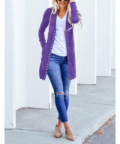 Women's 2024 Fall Long Sleeve Snap Button Down Solid Color Knit Ribbed Neckline Cardigans Dark Purple $15.96 Sweaters