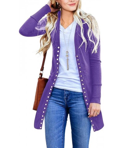 Women's 2024 Fall Long Sleeve Snap Button Down Solid Color Knit Ribbed Neckline Cardigans Dark Purple $15.96 Sweaters