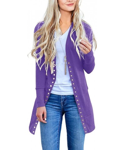 Women's 2024 Fall Long Sleeve Snap Button Down Solid Color Knit Ribbed Neckline Cardigans Dark Purple $15.96 Sweaters