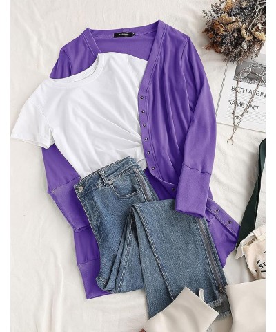 Women's 2024 Fall Long Sleeve Snap Button Down Solid Color Knit Ribbed Neckline Cardigans Dark Purple $15.96 Sweaters