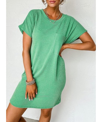 Womens Casual Summer Crewneck Short Sleeve Striped Textured Ribbed Mini Tshirt Shift Dress Green $16.19 Dresses