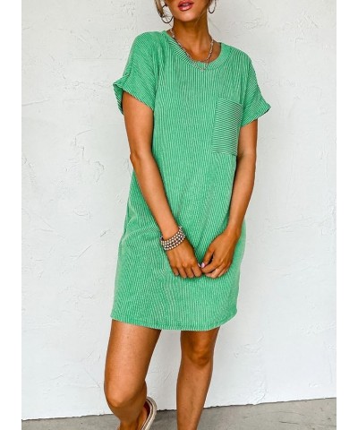 Womens Casual Summer Crewneck Short Sleeve Striped Textured Ribbed Mini Tshirt Shift Dress Green $16.19 Dresses