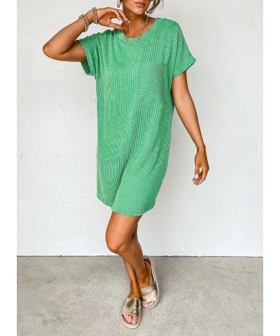 Womens Casual Summer Crewneck Short Sleeve Striped Textured Ribbed Mini Tshirt Shift Dress Green $16.19 Dresses