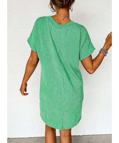 Womens Casual Summer Crewneck Short Sleeve Striped Textured Ribbed Mini Tshirt Shift Dress Green $16.19 Dresses