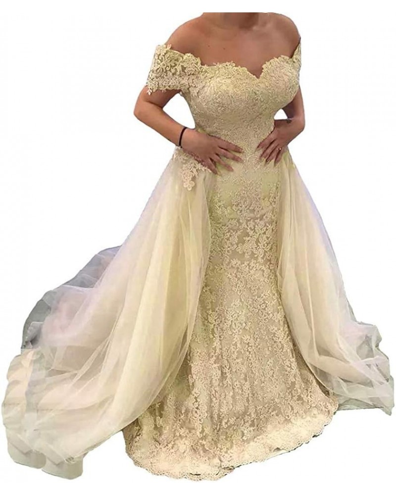 Women's Off Shoulder Lace Mermaid Wedding Dresses for Bride with Detachable Train Long Bridal Ball Gowns Champagne $60.05 Dre...