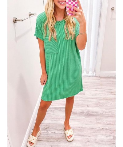 Womens Casual Summer Crewneck Short Sleeve Striped Textured Ribbed Mini Tshirt Shift Dress Green $16.19 Dresses