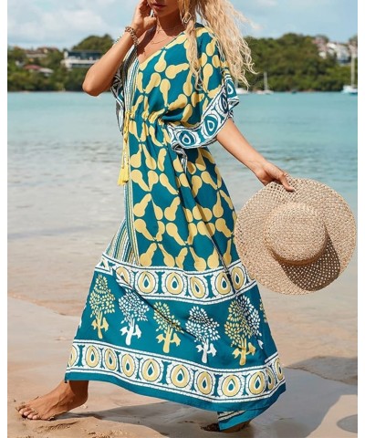 Rayon Kaftan Dresses for Women Caftans Beachwear Long Swimsuit Cover Ups A-green Yellow $17.59 Swimsuits