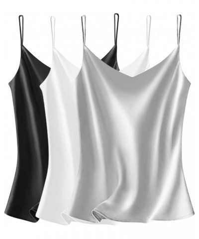 Womens Satin Cami Top 3 Pack V Neck Camisole Spaghetti Strap Tank Top Loose Sleeveless Blouses 3 Pack: Black+white+grey $15.9...