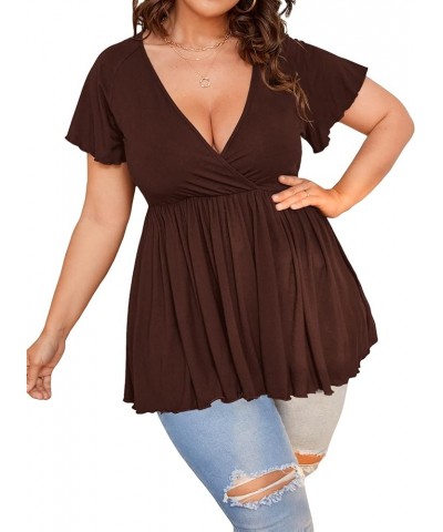 Women's Plus Size Short Sleeve Deep V Neck Ruffle Hem Blouse Pleated Flared Peplum Top Chocolate Brown $16.45 Blouses