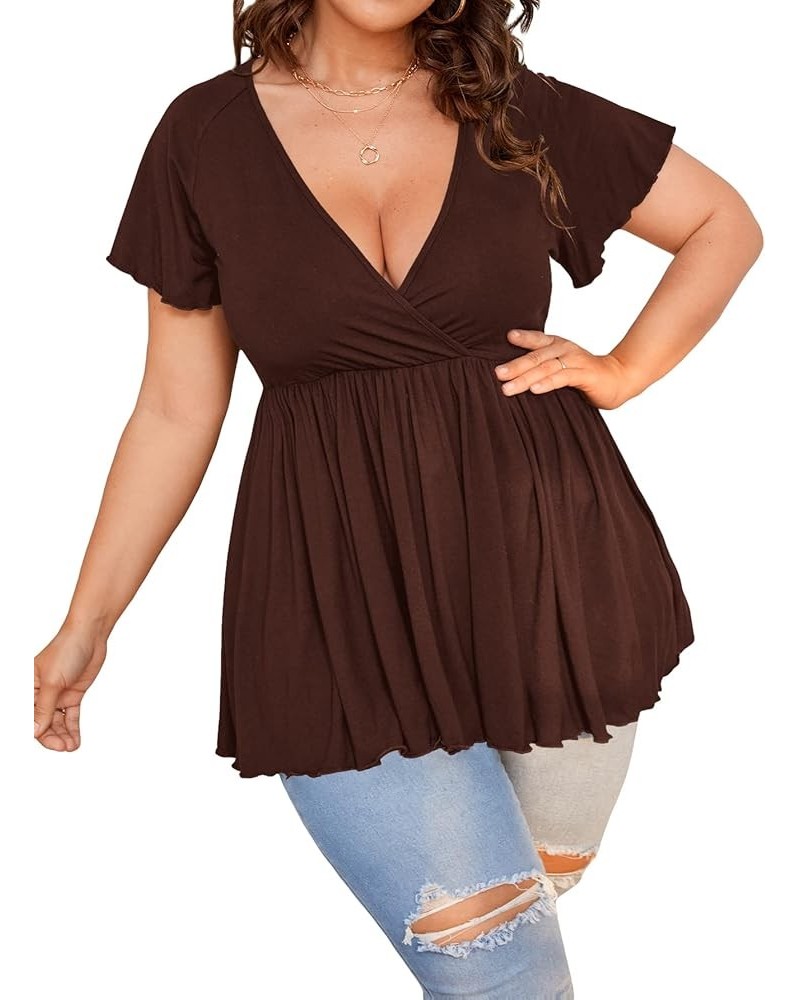 Women's Plus Size Short Sleeve Deep V Neck Ruffle Hem Blouse Pleated Flared Peplum Top Chocolate Brown $16.45 Blouses