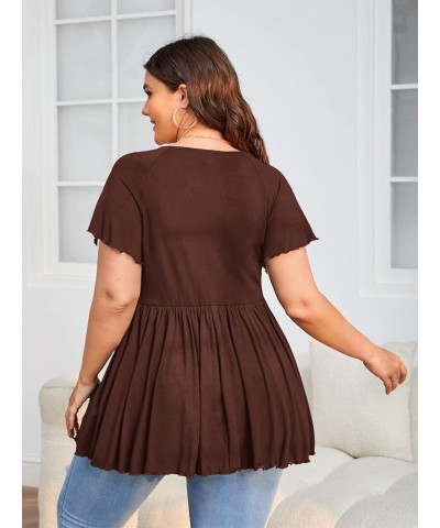 Women's Plus Size Short Sleeve Deep V Neck Ruffle Hem Blouse Pleated Flared Peplum Top Chocolate Brown $16.45 Blouses