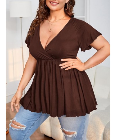 Women's Plus Size Short Sleeve Deep V Neck Ruffle Hem Blouse Pleated Flared Peplum Top Chocolate Brown $16.45 Blouses