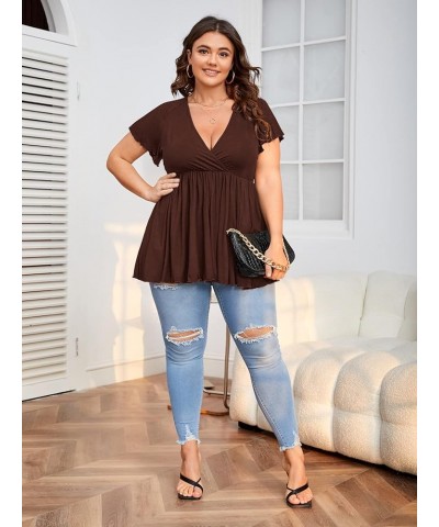 Women's Plus Size Short Sleeve Deep V Neck Ruffle Hem Blouse Pleated Flared Peplum Top Chocolate Brown $16.45 Blouses