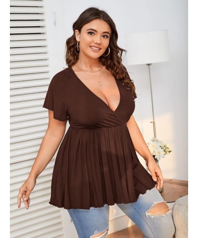 Women's Plus Size Short Sleeve Deep V Neck Ruffle Hem Blouse Pleated Flared Peplum Top Chocolate Brown $16.45 Blouses