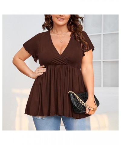 Women's Plus Size Short Sleeve Deep V Neck Ruffle Hem Blouse Pleated Flared Peplum Top Chocolate Brown $16.45 Blouses