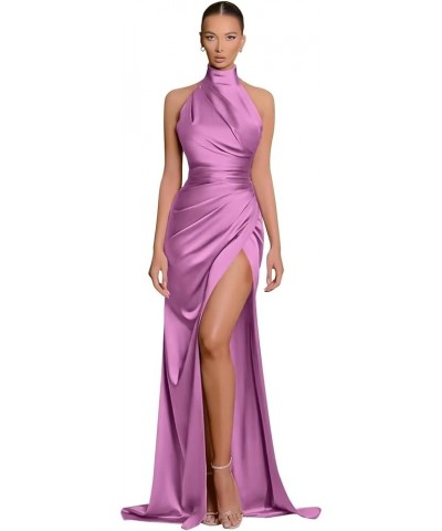 Halter Bridesmaid Dresses for Women with Slit Satin Mermaid Formal Gown and Evening Dresses Floor Length Lilac $14.00 Dresses