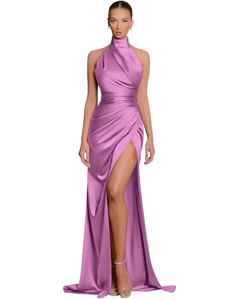 Halter Bridesmaid Dresses for Women with Slit Satin Mermaid Formal Gown and Evening Dresses Floor Length Lilac $14.00 Dresses