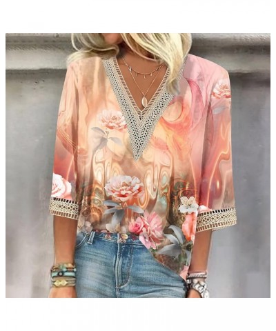 3/4 Sleeve Tee V Neck Hollow Out Women Lace Tops Half Sleeve Cropped T Shirts for Women Gradient Graphic Blouse & Orange $6.8...