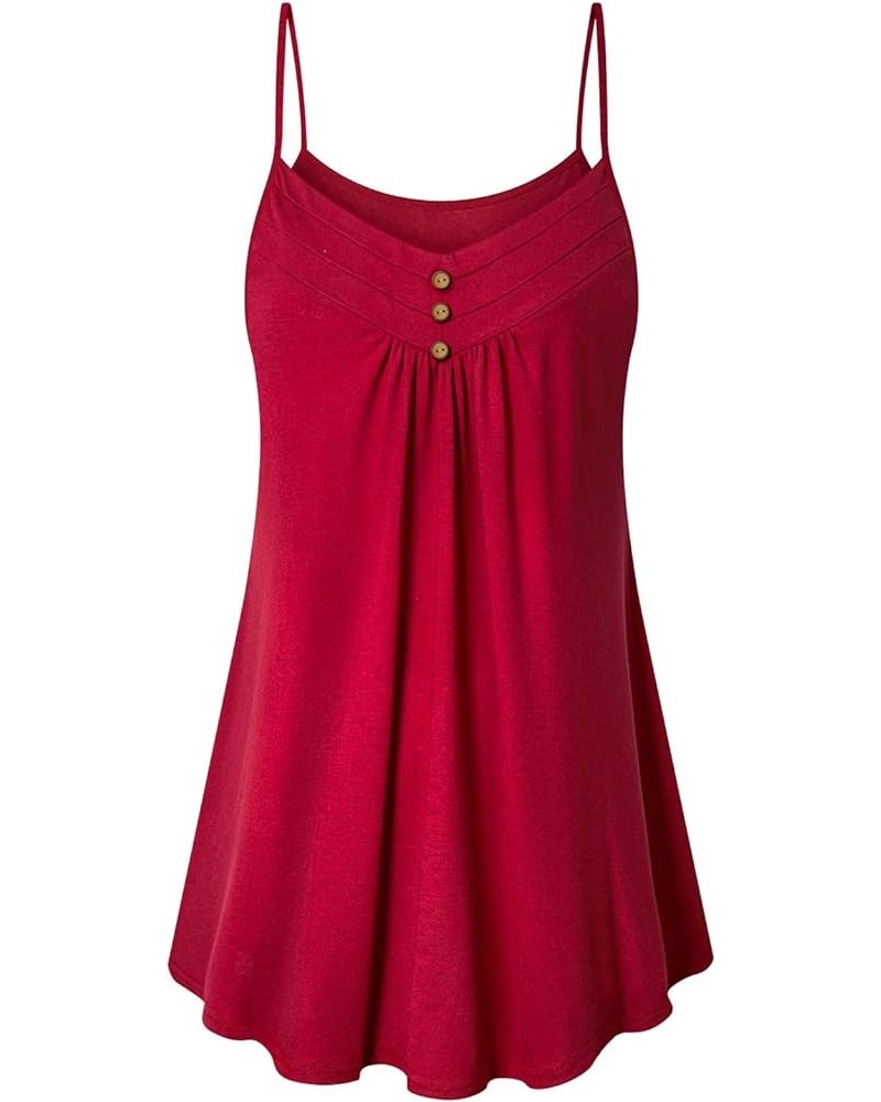 Women's Summer Button V Neck Pleated Spaghetti Strap Camisole Tank Tops (M-3XL) Red $10.50 Tanks