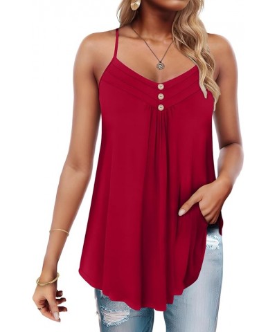 Women's Summer Button V Neck Pleated Spaghetti Strap Camisole Tank Tops (M-3XL) Red $10.50 Tanks