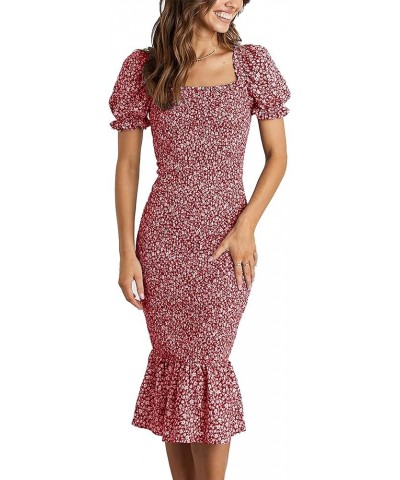 Women's Summer Floral Midi Bodycon Dresses Short Puff Sleeve Square Neck Ruffle Hem Mermaid Cocktail Dress Red $23.00 Dresses