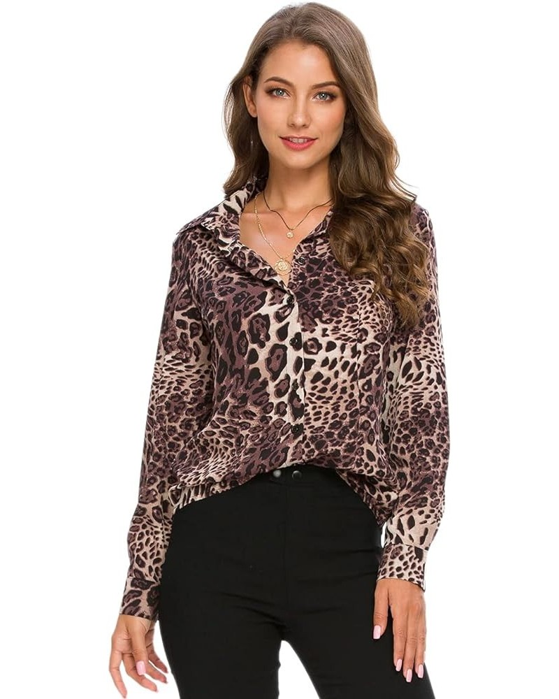 Womens Long Sleeve Button Down Shirts Classic Work Blouse Stretch Formal Casual Dress Shirt Leopard Coffee $16.23 Blouses