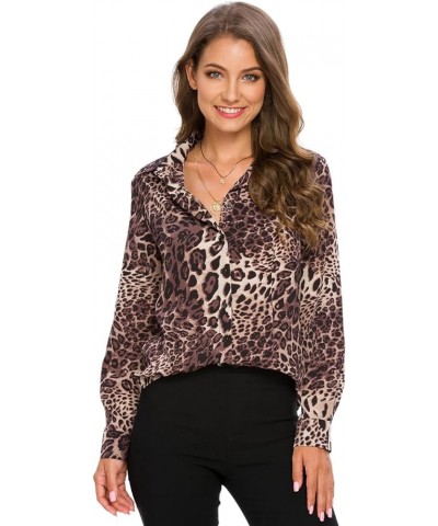 Womens Long Sleeve Button Down Shirts Classic Work Blouse Stretch Formal Casual Dress Shirt Leopard Coffee $16.23 Blouses