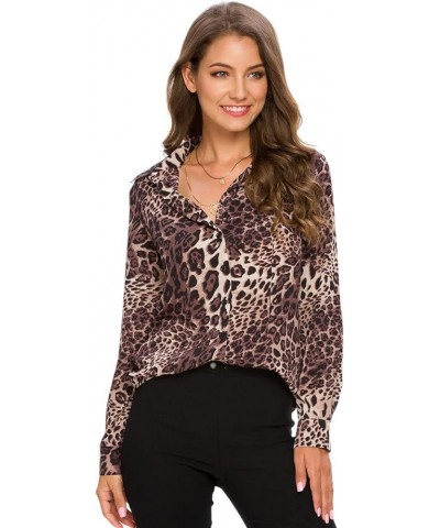 Womens Long Sleeve Button Down Shirts Classic Work Blouse Stretch Formal Casual Dress Shirt Leopard Coffee $16.23 Blouses