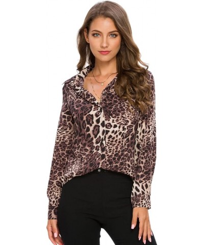 Womens Long Sleeve Button Down Shirts Classic Work Blouse Stretch Formal Casual Dress Shirt Leopard Coffee $16.23 Blouses