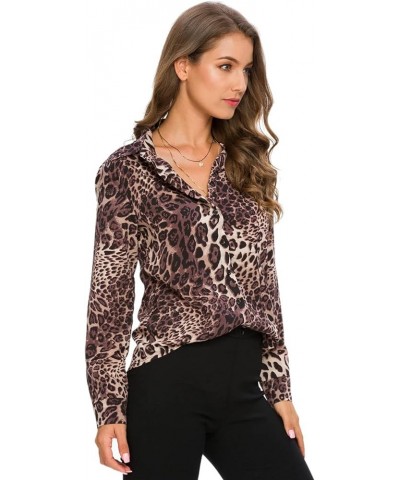 Womens Long Sleeve Button Down Shirts Classic Work Blouse Stretch Formal Casual Dress Shirt Leopard Coffee $16.23 Blouses