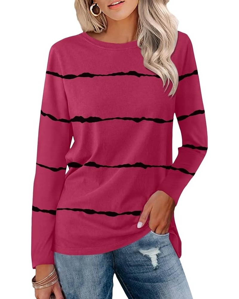 Women's Color Block Tops Casual Long Sleeve Tunic Round Neck Pullover Shirts C Maroon $18.28 Tops