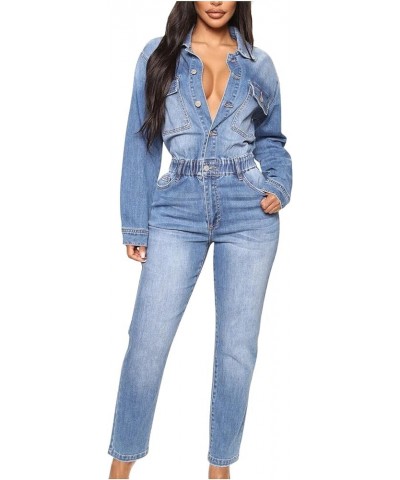 Women's Sexy Button Down Slim Fit V Neck Long Sleeve Denim Jumpsuit Fashion Lapel Full Length Jeans Rompers Overalls 01 Blue ...