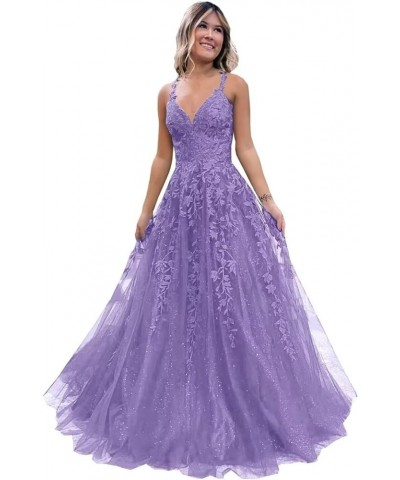 Tulle Prom Dress Long Ball Gown Floral Lace Appliques Spaghetti Straps V-Neck Sparkly Princess Dress for Teens Lavender $40.4...