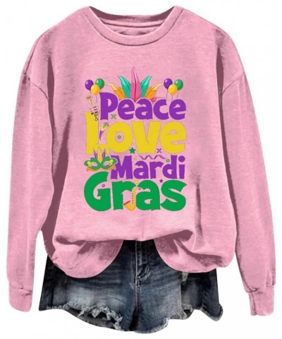 Womens Long Sleeve Pullover Top Peace Love Mardi Gras Printed Shirts Oversized Round Neck Loose Fall Fashion Sweatshirt Pink ...