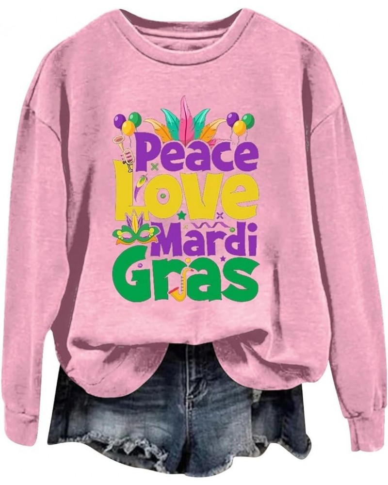 Womens Long Sleeve Pullover Top Peace Love Mardi Gras Printed Shirts Oversized Round Neck Loose Fall Fashion Sweatshirt Pink ...