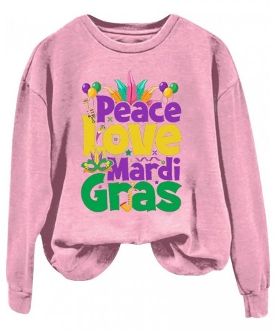 Womens Long Sleeve Pullover Top Peace Love Mardi Gras Printed Shirts Oversized Round Neck Loose Fall Fashion Sweatshirt Pink ...