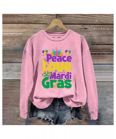 Womens Long Sleeve Pullover Top Peace Love Mardi Gras Printed Shirts Oversized Round Neck Loose Fall Fashion Sweatshirt Pink ...