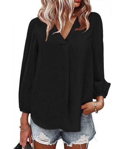 Women's Long Sleeve V Neck Shirt Dressy Pleated Top Casual Loose Chiffon Blouses A Black $16.63 Blouses