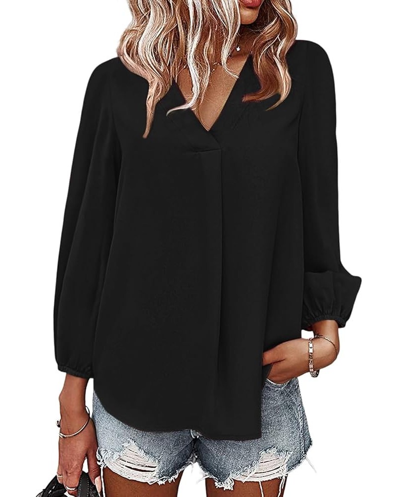 Women's Long Sleeve V Neck Shirt Dressy Pleated Top Casual Loose Chiffon Blouses A Black $16.63 Blouses