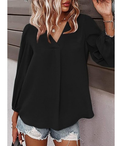 Women's Long Sleeve V Neck Shirt Dressy Pleated Top Casual Loose Chiffon Blouses A Black $16.63 Blouses