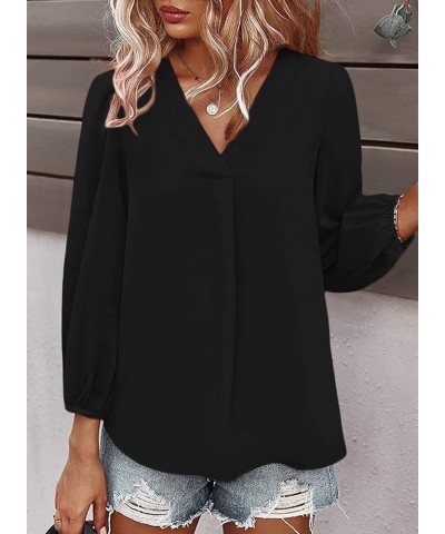 Women's Long Sleeve V Neck Shirt Dressy Pleated Top Casual Loose Chiffon Blouses A Black $16.63 Blouses