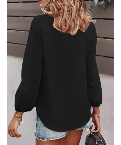 Women's Long Sleeve V Neck Shirt Dressy Pleated Top Casual Loose Chiffon Blouses A Black $16.63 Blouses