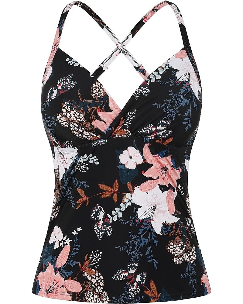 V Neck Tankini Bathing Suit Tops for Women V Neck Wrap Front Swim Tank Tops Tummy Control Swimsuits Black&floral $16.90 Swims...