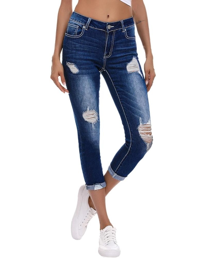 Women's Ripped Boyfriend Jeans Stretch Distressed Jeans Capri Mom Jean with Hole 7297-darkblue $25.19 Jeans