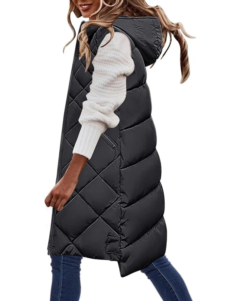 Womens Quilted Puffer Vest Maxi Length Sleeveless Hooded Packable Winter Warm Thickened Down Jacket 05 Black $17.27 Vests