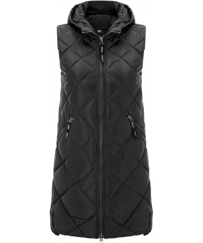 Womens Quilted Puffer Vest Maxi Length Sleeveless Hooded Packable Winter Warm Thickened Down Jacket 05 Black $17.27 Vests