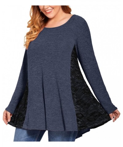 Women's Plus Size Long Sleeve Fall Tunic Tops Casual Loose Lace Patchwork Shirts C-navyblue $12.76 Tops