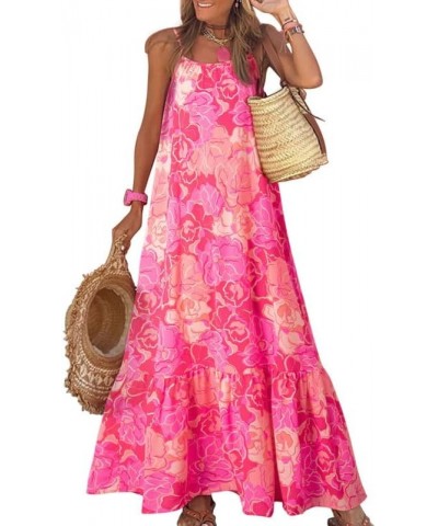 Women Summer Dresses 2024 Spaghetti Strap Scoop Neck Smocked Ruffle Flowy Boho Maxi Dress Rose $22.89 Dresses