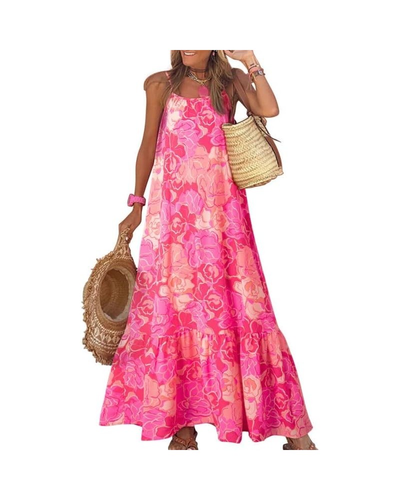 Women Summer Dresses 2024 Spaghetti Strap Scoop Neck Smocked Ruffle Flowy Boho Maxi Dress Rose $22.89 Dresses